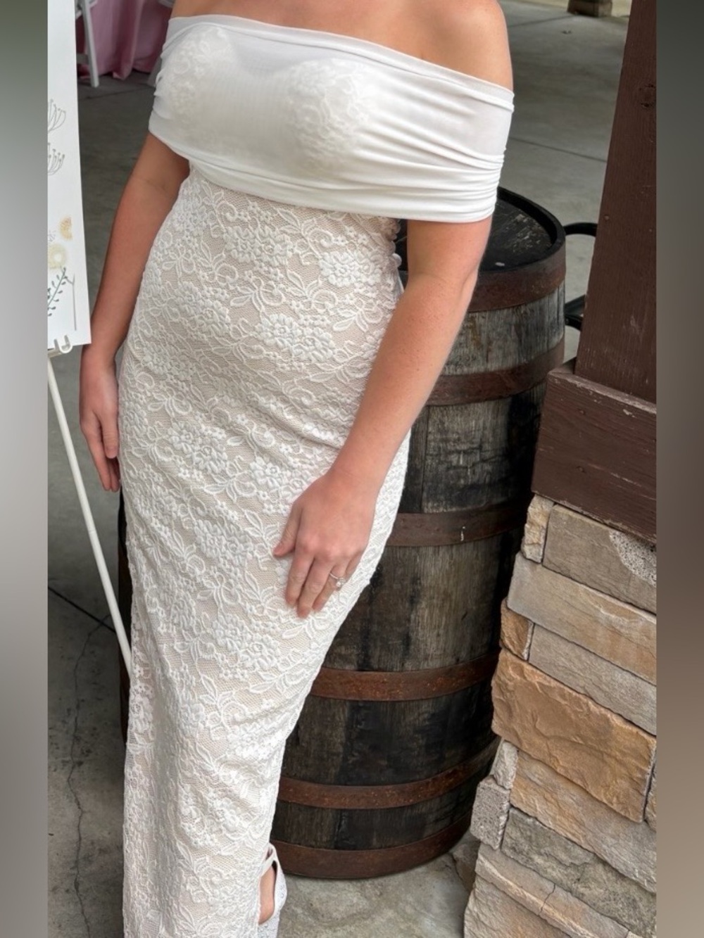 Off-Shoulder White Lace Midi Dress
